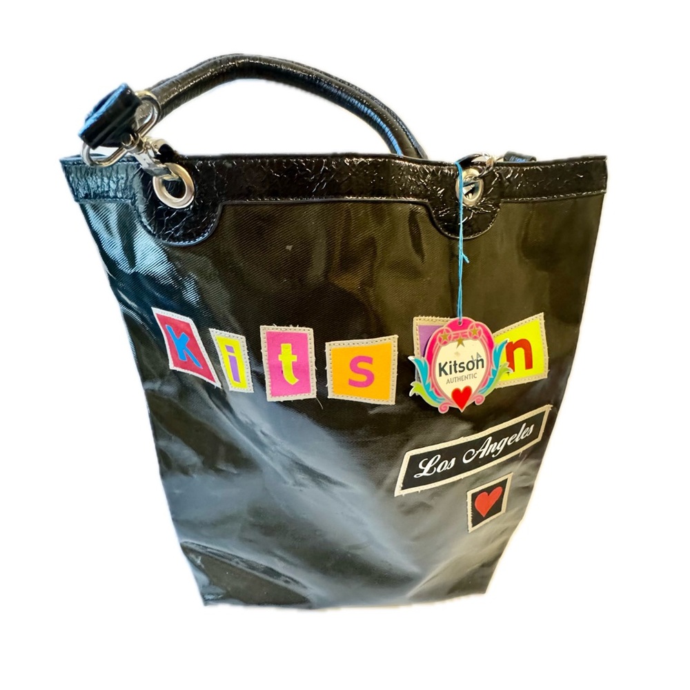 Kitson Los Ángeles Colorful Black Glossy Tote with Colorful Patches Vintage
